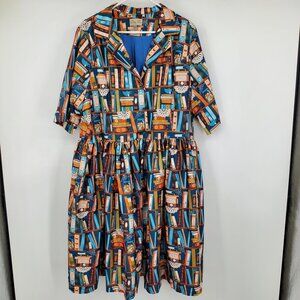 Lindy Bop Bletchley Book Shelves Print 1950's Inspired Cobweb Button Dress 22